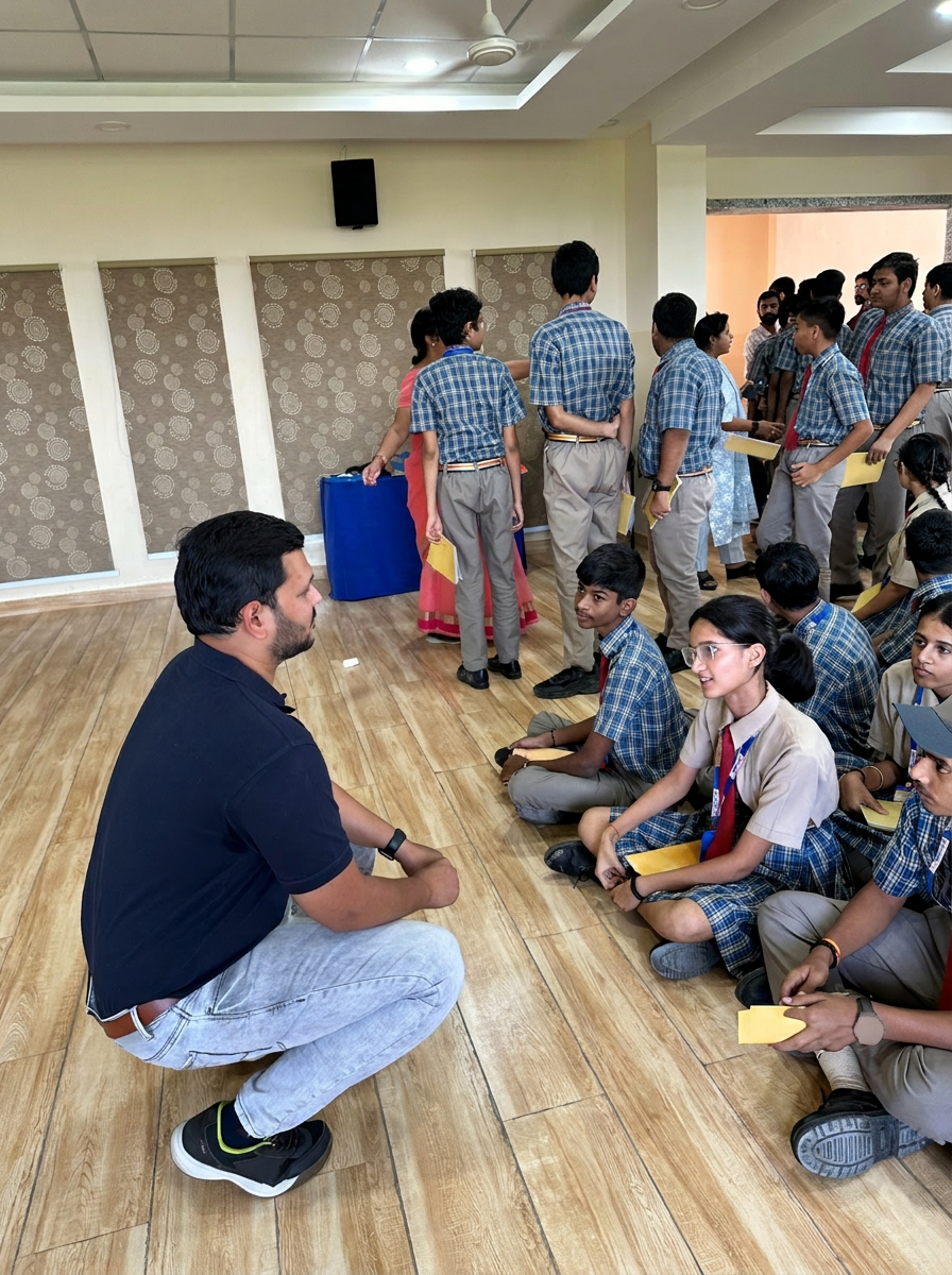 Sajan Shah in a grounded conversation circle with students