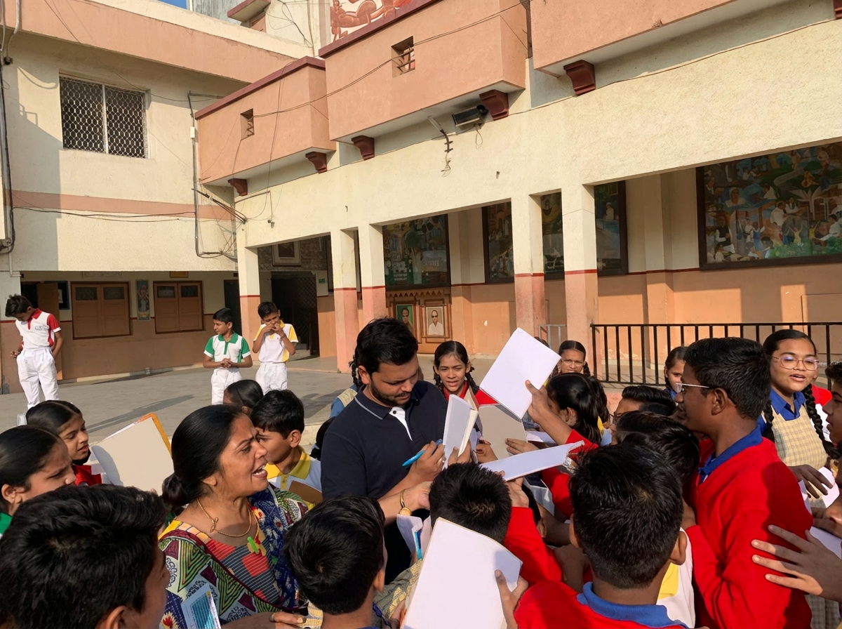 Outdoor school interaction with students gathering around Sajan Shah