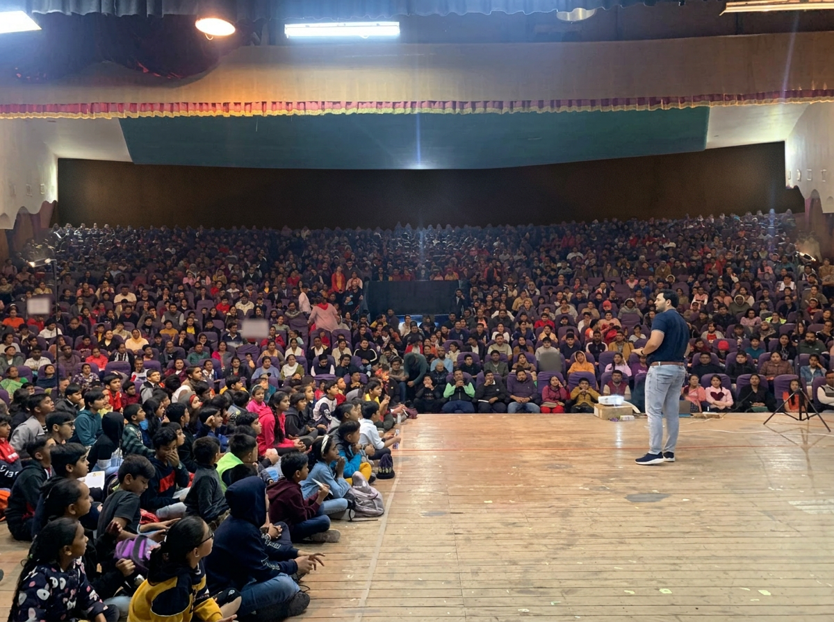 A massive auditorium listening to Sajan Shah live